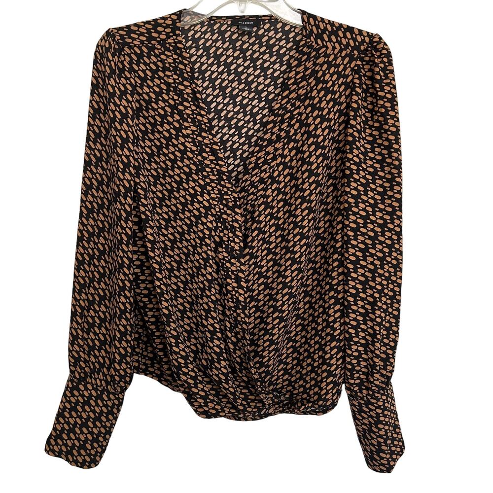 Halogen Long Sleeve V Neck Faux Wrap Style Blouse Brown on Black Size M‎ NWT